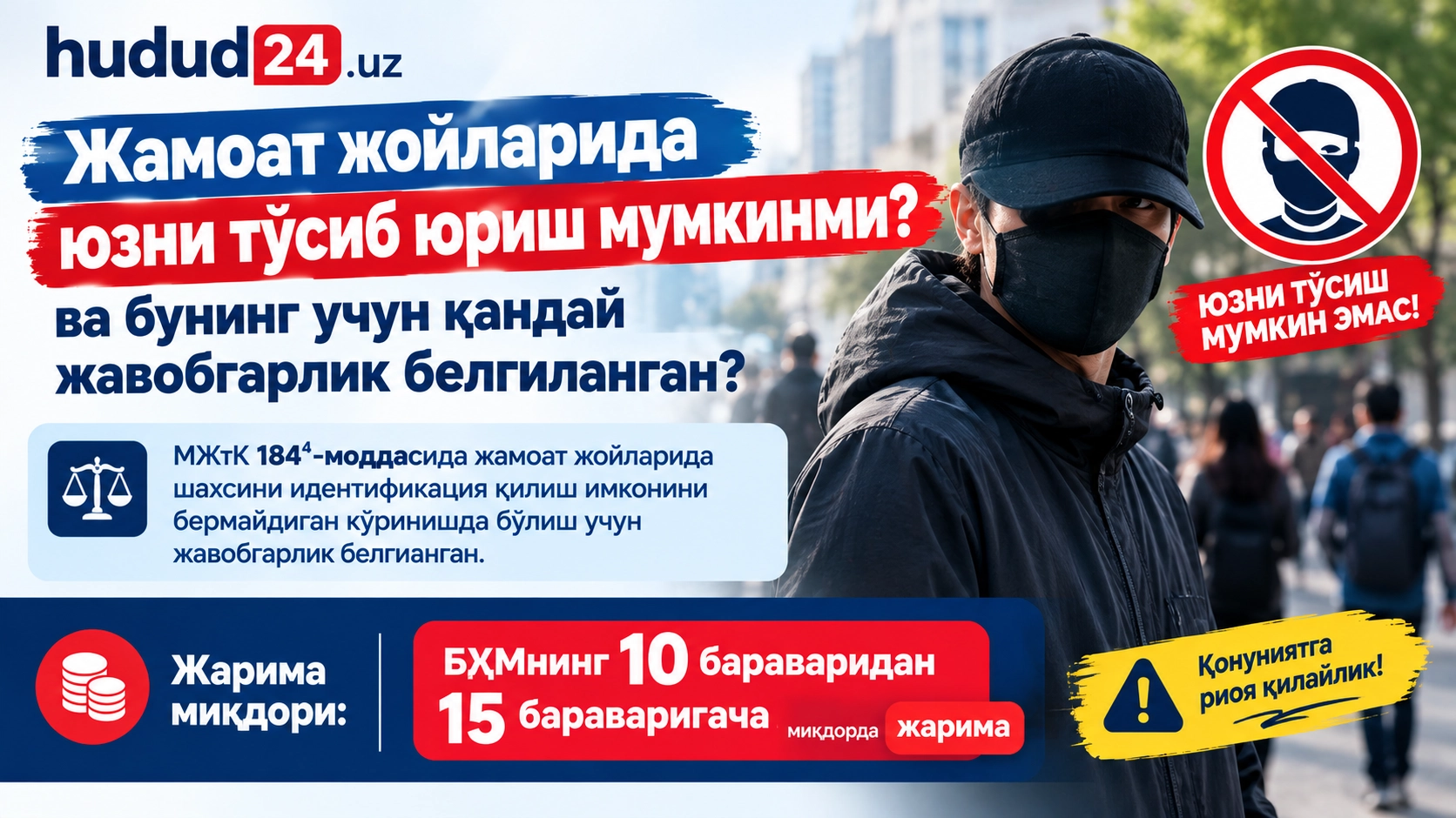 Жамоат жойларида юзни тўсиб юриш учун жавобгарлик борми?