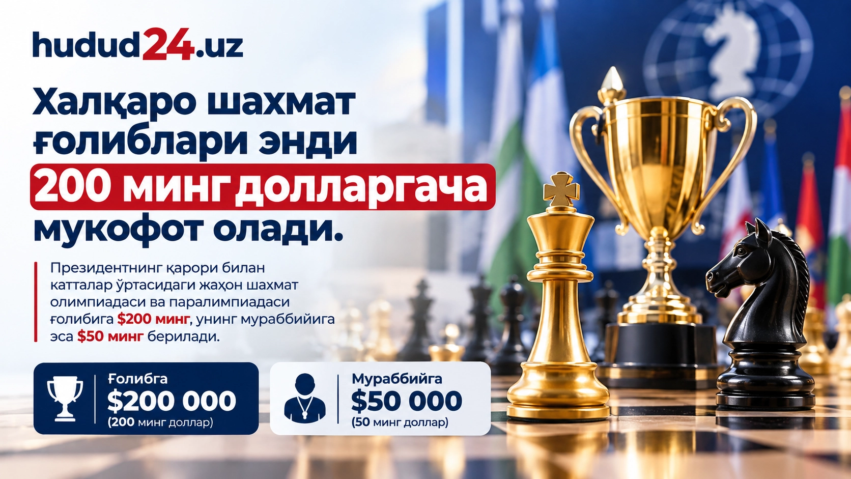Халқаро шахмат ғолиблари энди 200 минг долларгача мукофот олади