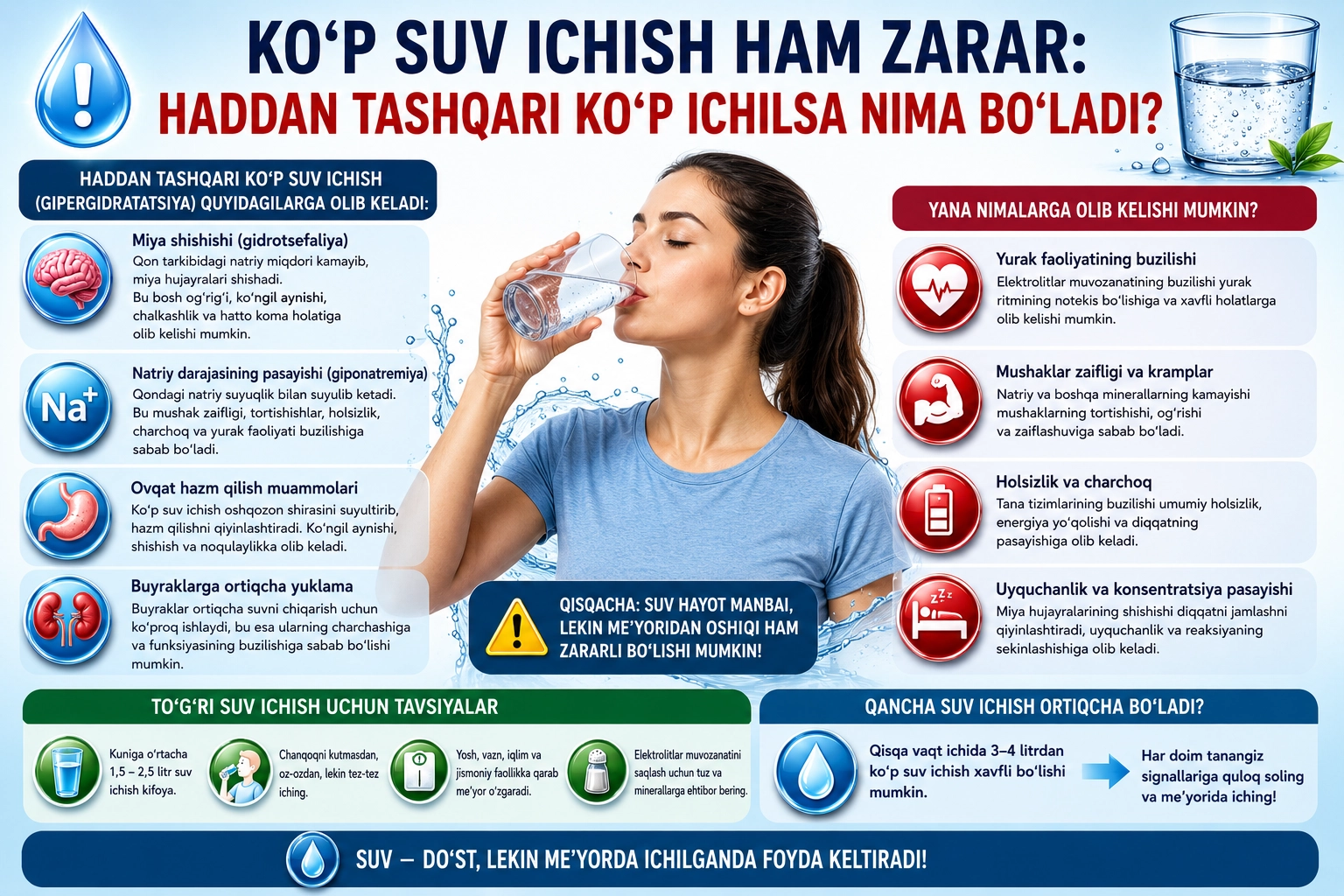 Кўп сув ичиш ҳам зарар: ҳаддан ташқари кўп ичилса нима бўлади?