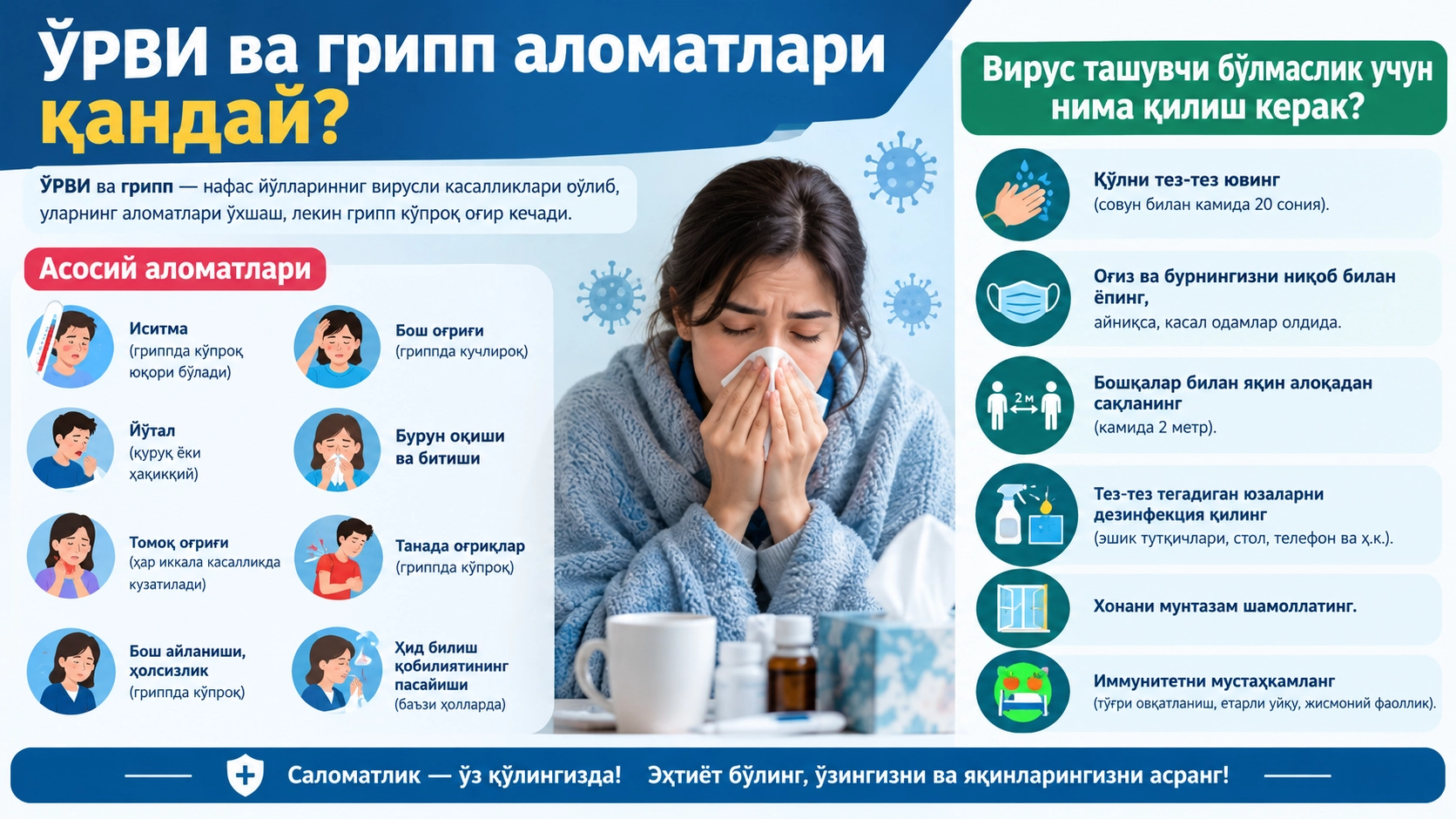 ЎРВИ ва грипп аломатлари қандай? Вирус ташувчи бўлмаслик учун нима қилиш керак?