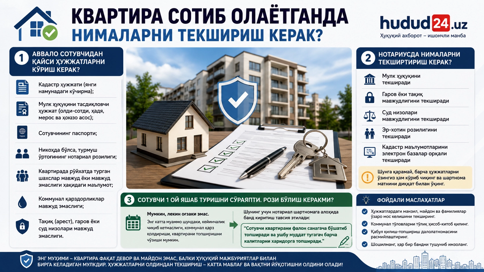 Квартира сотиб олаётганда нималарни текшириш керак?
