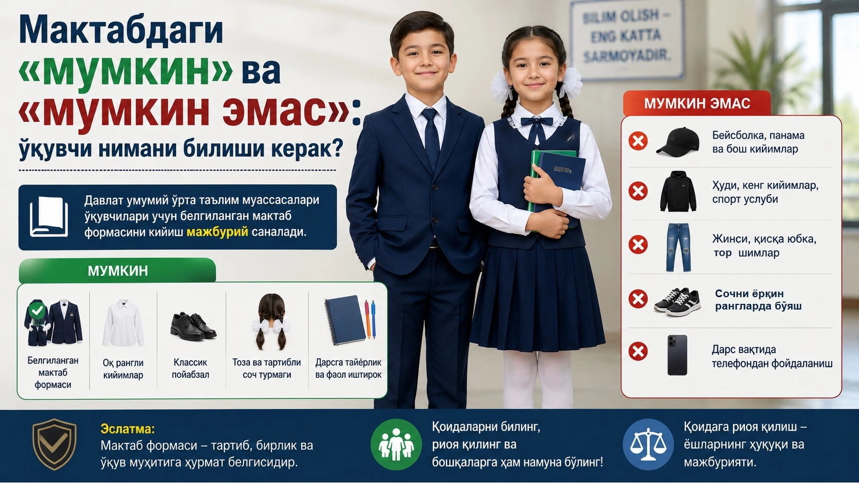 Мактабдаги «мумкин» ва «мумкин эмас»: ўқувчи нимани билиши керак?