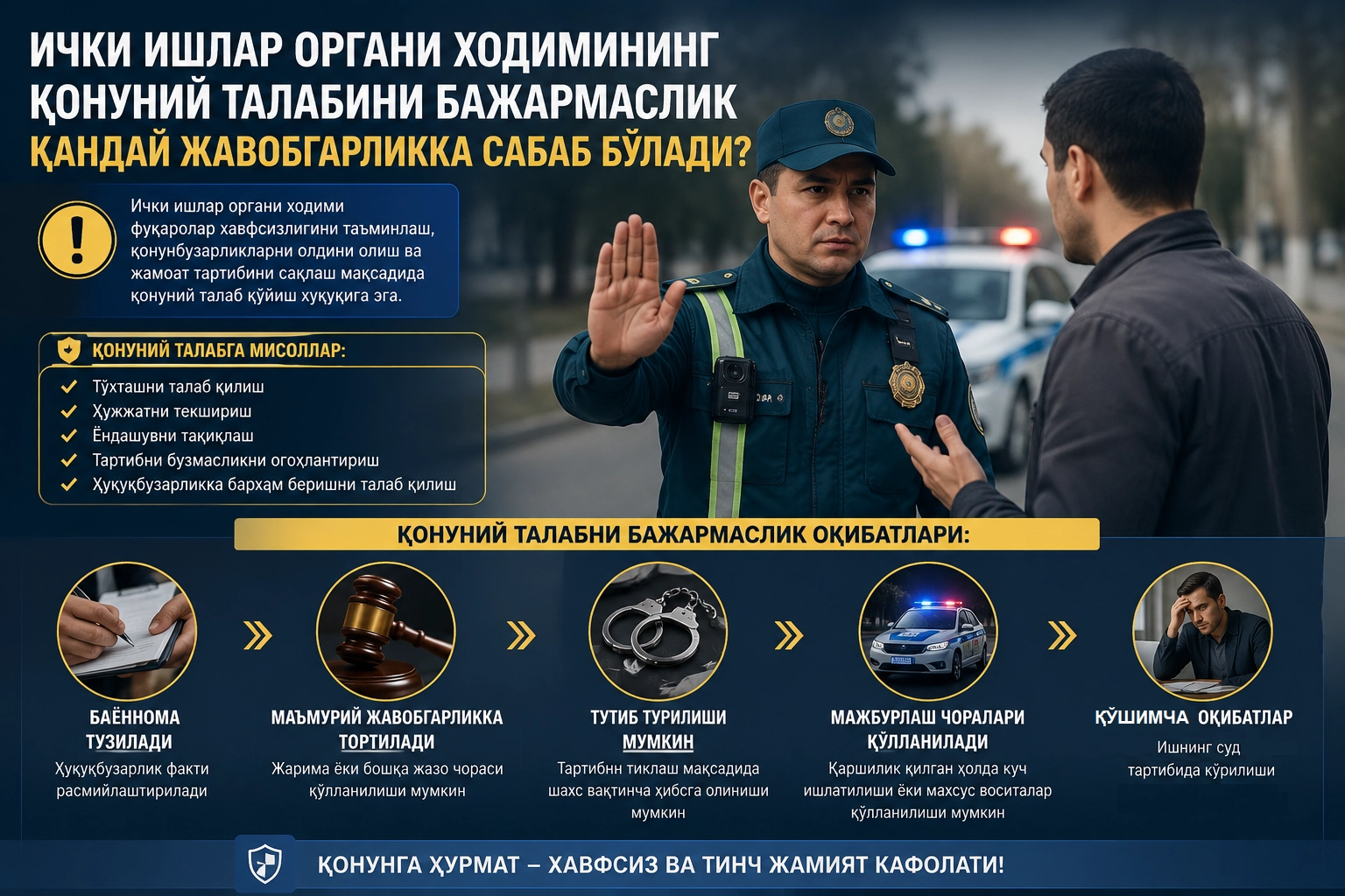 Ички ишлар органи ходимининг қонуний талабини бажармаслик қандай жавобгарликка сабаб бўлади?