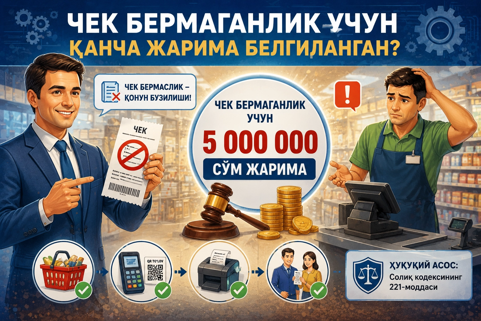 Чек бермаганлик учун қанча жарима белгиланган?