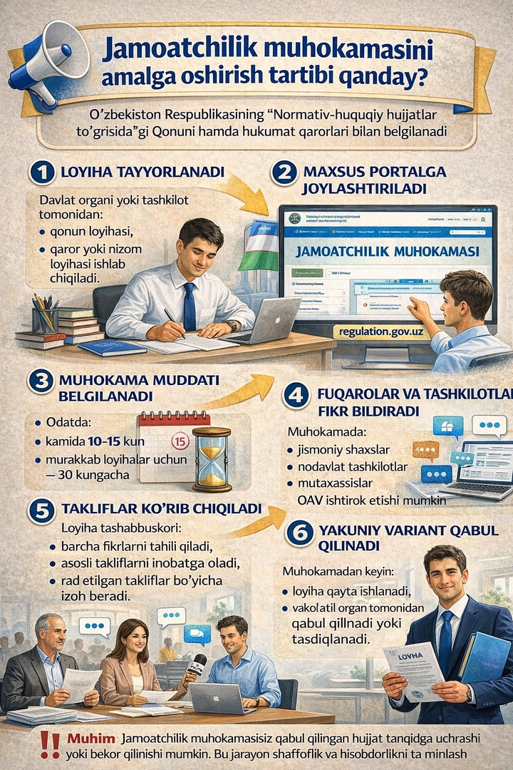 Жамоатчилик муҳокамасини амалга ошириш тартиби қандай?