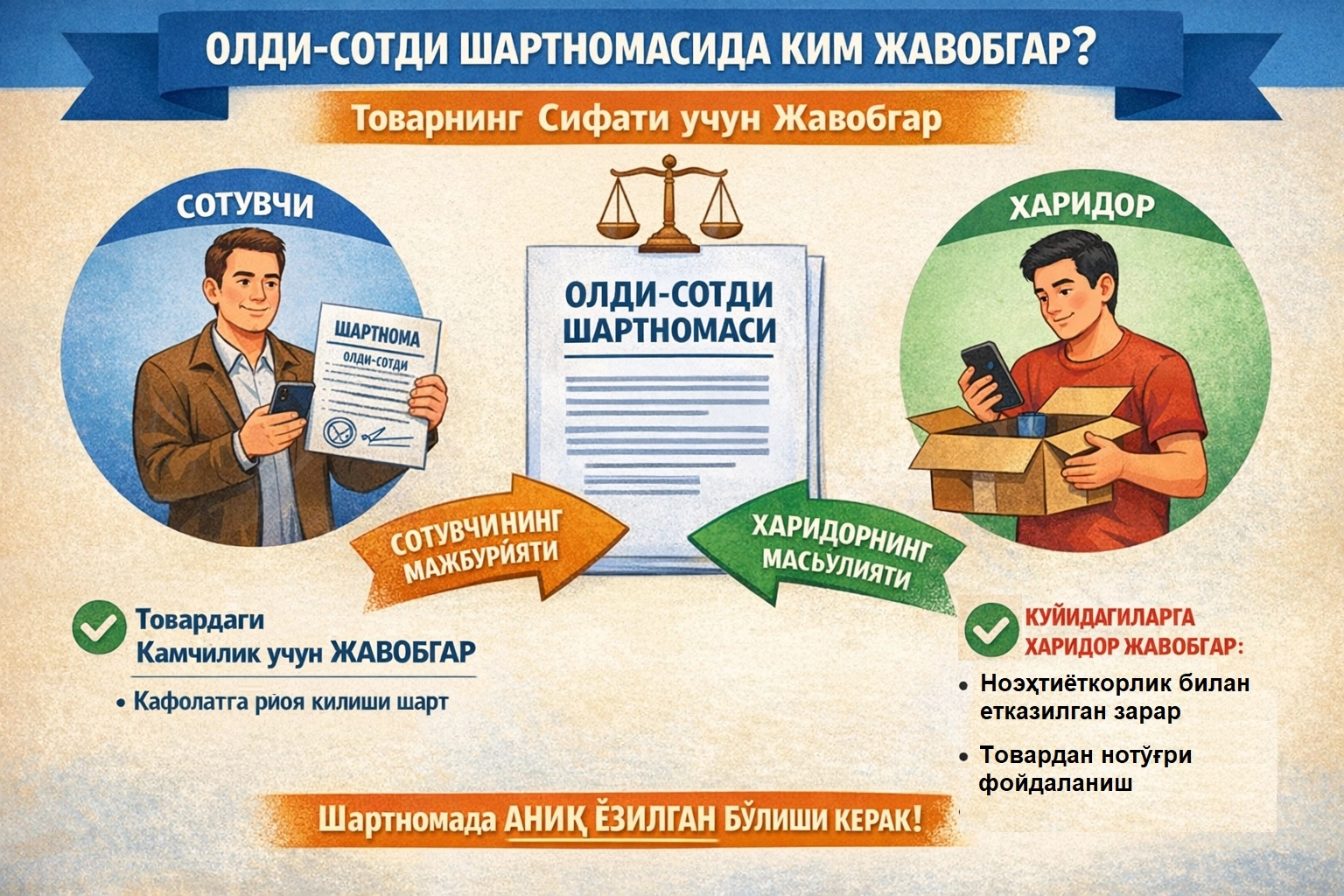 Олди-сотди шартномасида товарнинг сифати учун ким жавобгар?