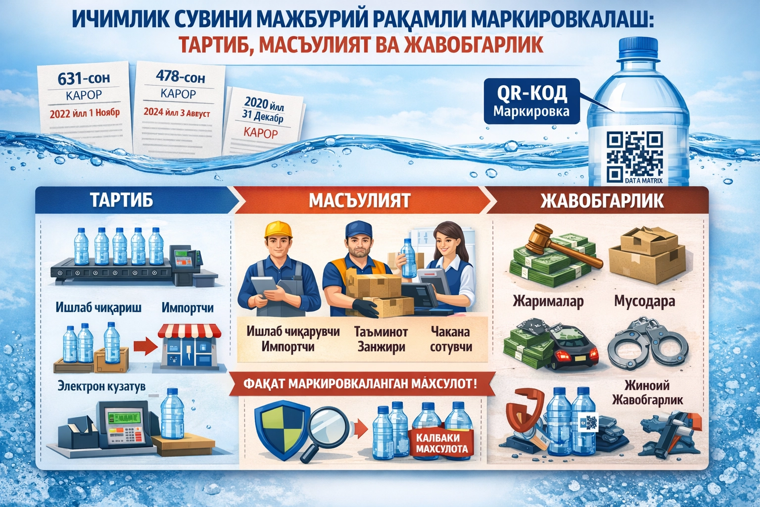 Ичимлик сувини мажбурий рақамли маркировкалаш: тартиб, масъулият ва жавобгарлик