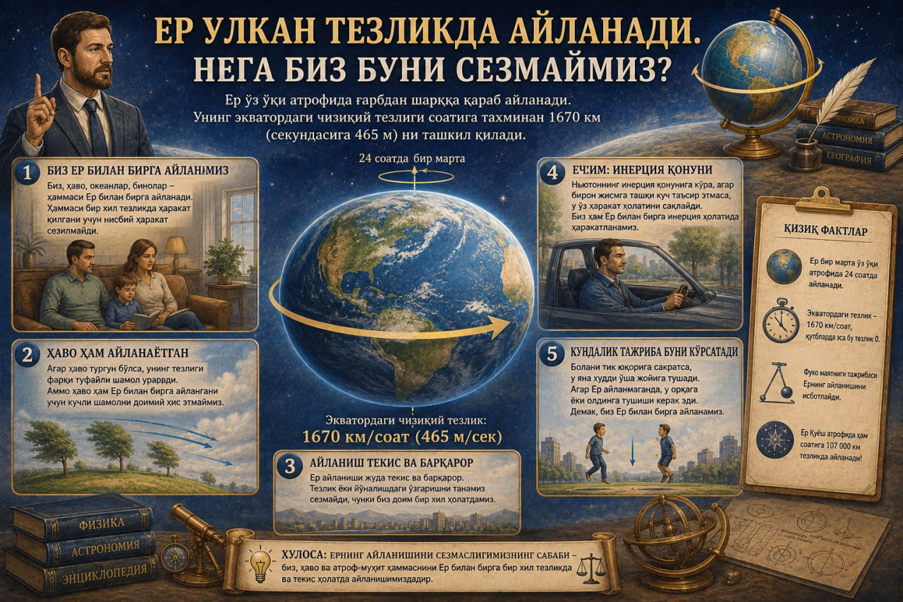 Ер улкан тезликда айланади. Нега биз буни сезмаймиз?