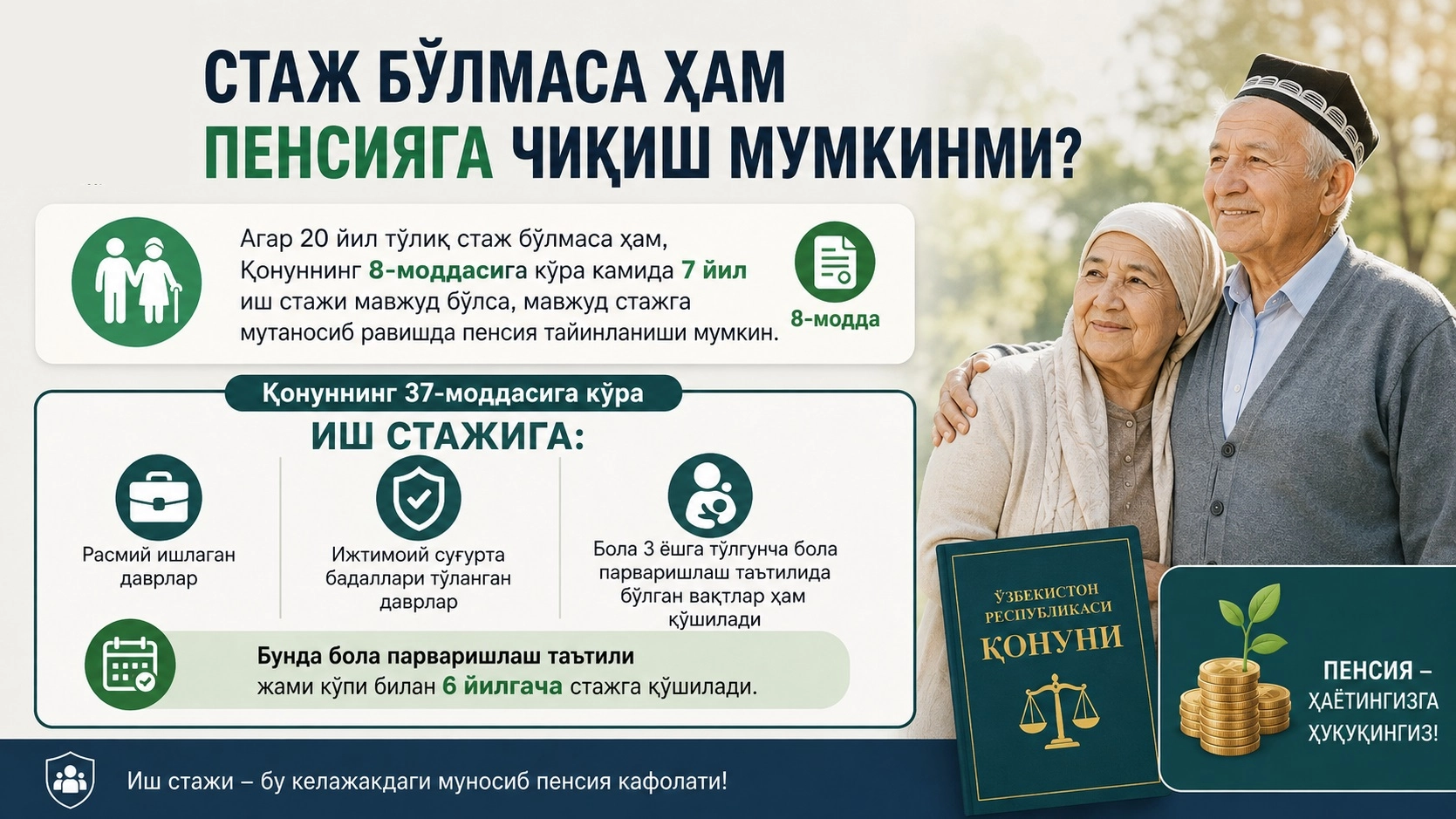 Стаж бўлмаса ҳам пенсияга чиқиш мумкинми?