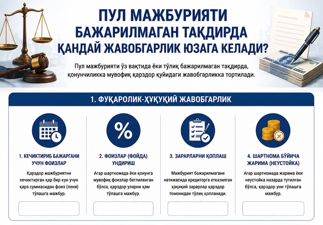 Пул мажбурияти бажарилмаган тақдирда қандай жавобгарлик юзага келади?